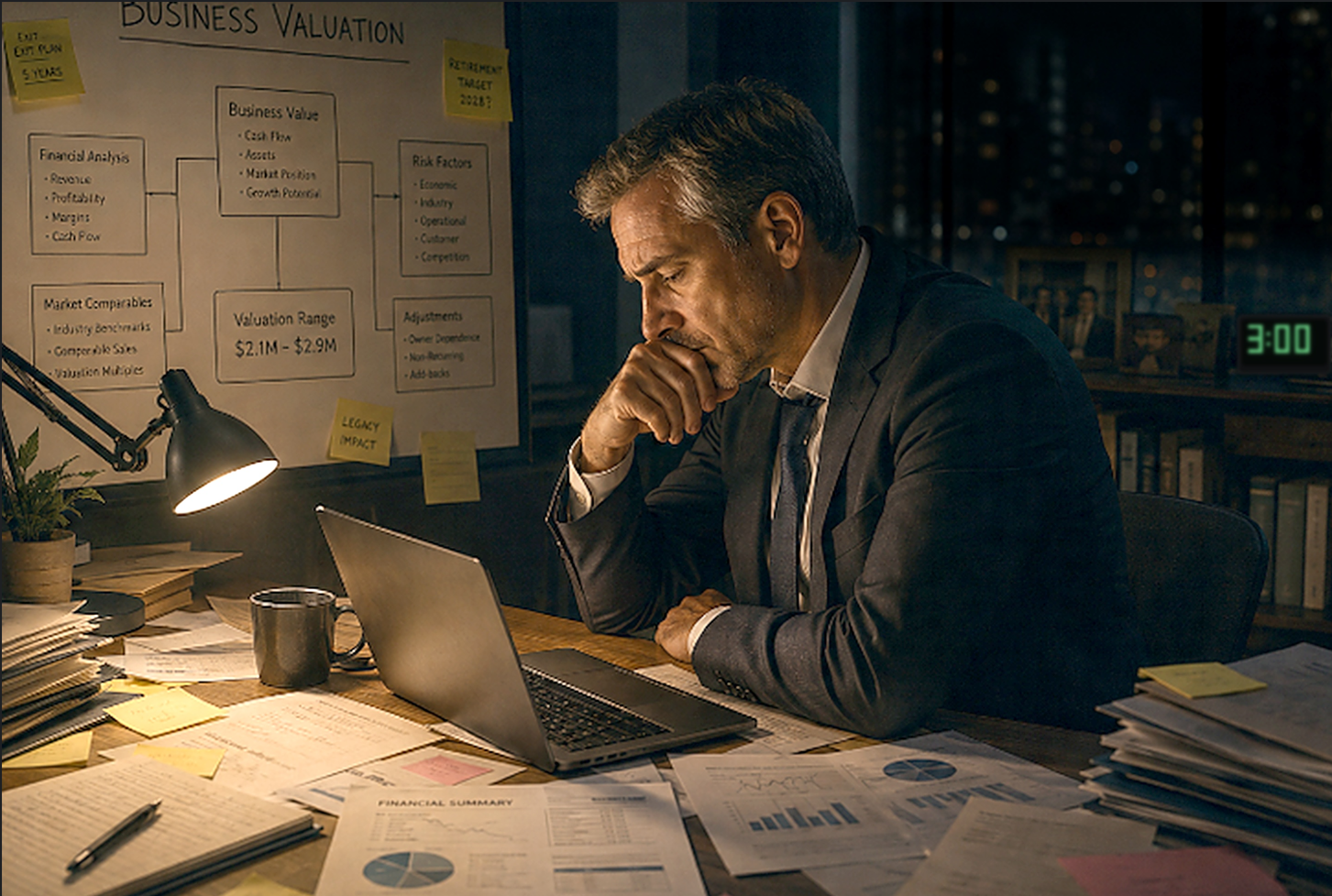 Business owner reviewing documents at desk